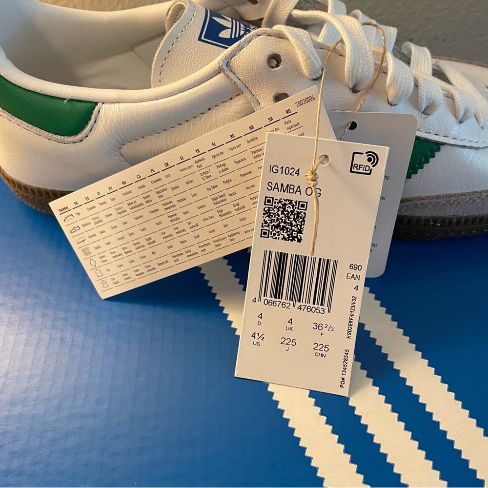 NWT Adidas Originals Samba OG Cloud White Core and green 4.5 M / 5.5 W - Picture 2 of 6